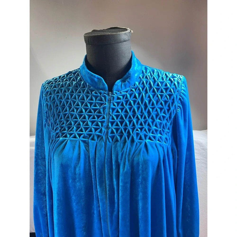 Vintage Framghas Turquoise Blue Velour Smocked Kaftan Robe Zip Front Long Dress